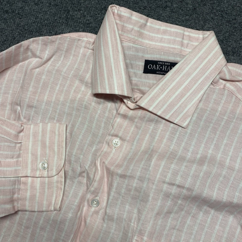 Oak Hall Pink & White Button Down Shirt Striped Spread Collar Linen EUC Sz XL